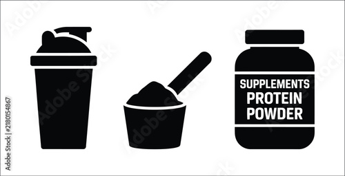 Protein powder supplement icons set, shaker bottle, measuring scoop and nutrition container, minimalist fitness and sports vector illustration
