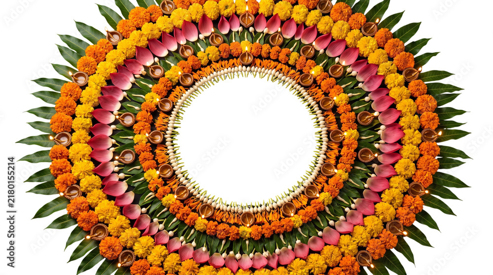 Fototapeta premium Circular floral rangoli with lotus petals and lit diya lamps isolated on transparent background