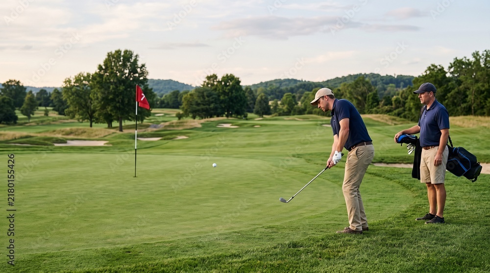 Obraz premium Two men playing golf on a lush green course with rolling hills and trees under a cloudy sky