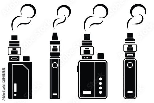 Electronic cigarette icons featuring black vape mods and pens with steam clouds for vaping devices and alternative smoking concepts