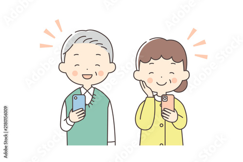 Plakat スマホを持ってにっこり笑っているシニア男女の上半身イラスト