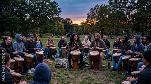 Diverse group of people enjoying a drum circle in a park at sunset