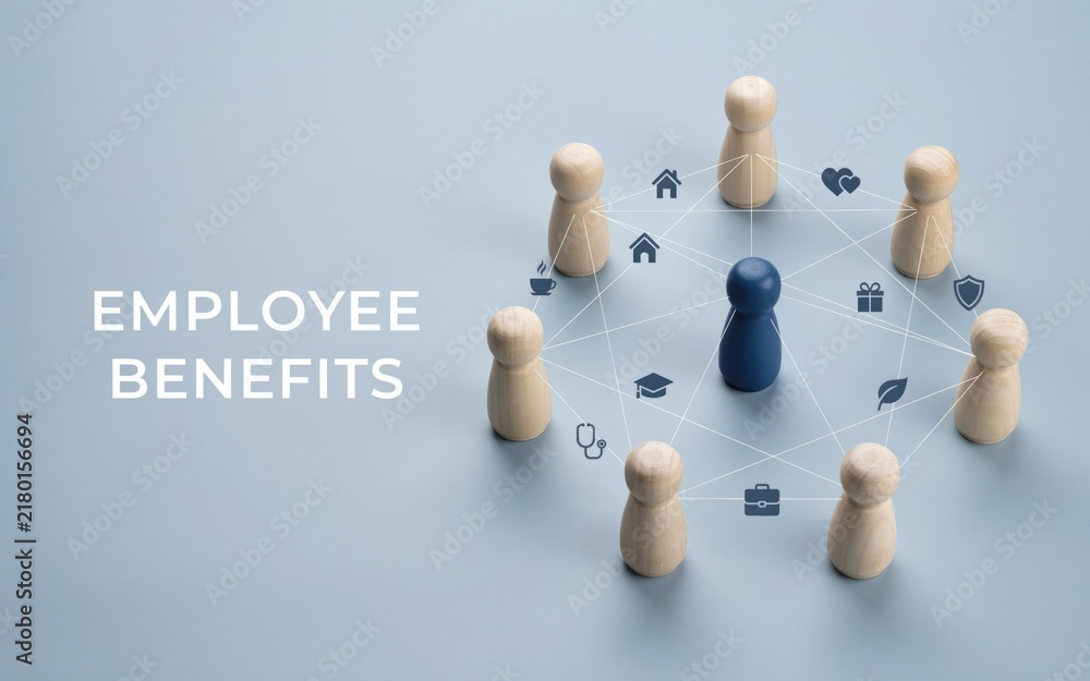 Obraz premium Wooden human figures arranged in a circle surrounding a blue leader with connected icons representing various essential employee benefits plans