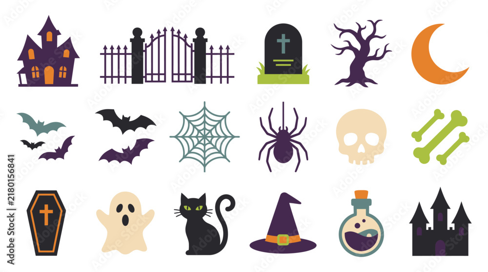 Fototapeta premium Cute flat Halloween elements and icons set including pumpkin, ghost, black cat, spider, potion bottle, and candy vector illustration.