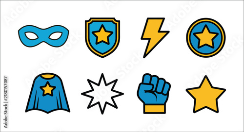 Superhero icon set, blue and yellow costume elements, heroic accessories, power symbols, comic action details and bold vector illustration