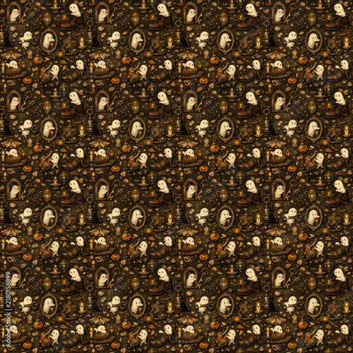 Foto Midnight Gothic Oddities Haunted Objects Halloween Seamless Pattern