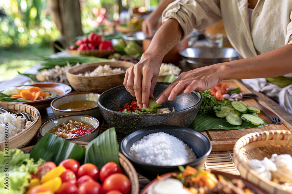 Obraz premium Hands arrange fresh ingredients on a vibrant table. Colorful vegetables and spices surround the bowl. Natural light enhances the tropical setting. Culinary preparation feels warm and inviting