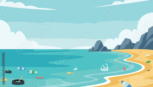 Plastic waste and garbage polluting a beautiful sandy beach and turquoise ocean water under cloudy sky showing ecological crisis.