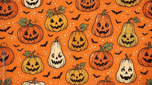 Seamless pattern with cute handdrawn jackolantern pumpkins and flying bats on an orange background for halloween celebration