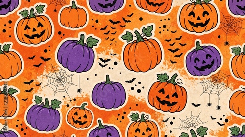 Seamless halloween pattern with cute jackolantern pumpkins, bats, and spider webs on a textured orange background