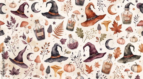 Seamless pattern with witch hats, potion bottles, mushrooms, and autumn leaves for halloween and fall seasonal designs