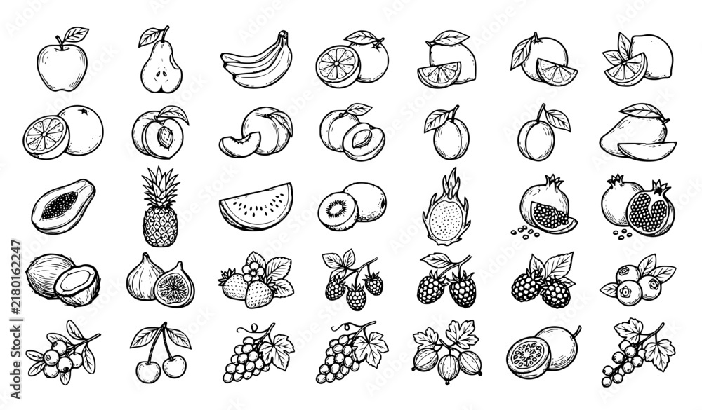 Obraz premium Healthy Organic Fruits and Berries Thin Line Editable Stroke Vector Icons