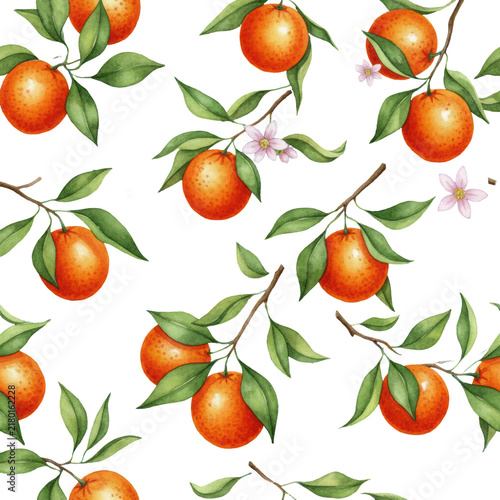 Plump oranges and delicate pink blossoms on woody branches over a blue mediterranean tile pattern with artistic watercolor texture, vibrant summer aesthetic