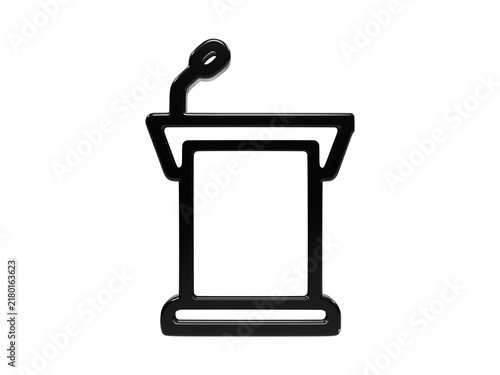 Glossy black conference podium icon with microphone for public speech presentation.