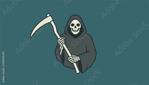 Hooded grim reaper holds a sharp scythe while standing against a deep teal background representing death and the afterlife for scary art.