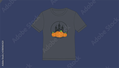 Grey t-shirt features a dark circular badge design with a silhouette of a castle and three bright orange pumpkins for festive Halloween apparel style.