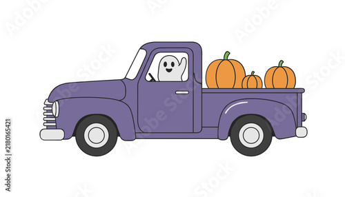Friendly ghost drives a purple pickup truck loaded with pumpkins in the cargo bed against a plain white background for cute halloween art.