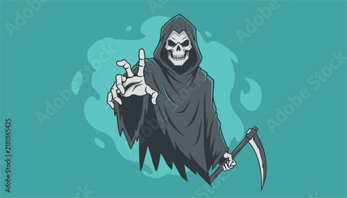 Skeletal grim reaper with a scythe emerges from swirling teal mist reaching out with a hand to create a spooky and dark atmosphere.