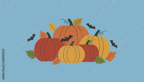 Collection of assorted pumpkins and autumn leaves features several cute bats flying in the air against a simple light blue background area.