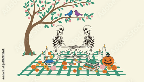 Two skeleton figures sit on a checkered picnic blanket beneath a flowering tree while enjoying books and pumpkins during a spooky fall day.