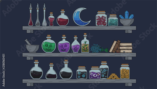 Collection of magical potions in glass bottles sits on a wooden shelf featuring a crescent moon jar and glowing blue crystals for spellcasting.