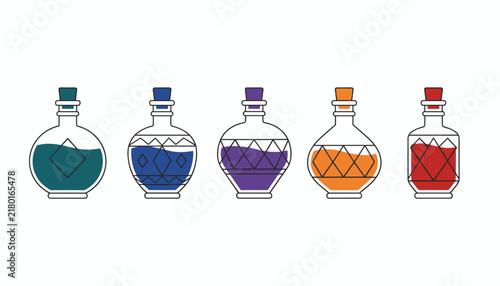 Five simple glass potion bottles with geometric patterns and colored liquids are isolated in a row on a plain white background for fantasy art projects.