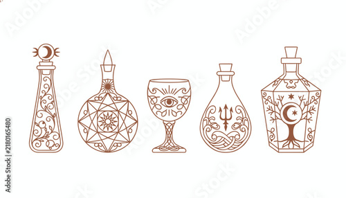 Five mystical line art icons featuring bottles a chalice and celestial symbols are displayed in a row on a clean white background for occult design.