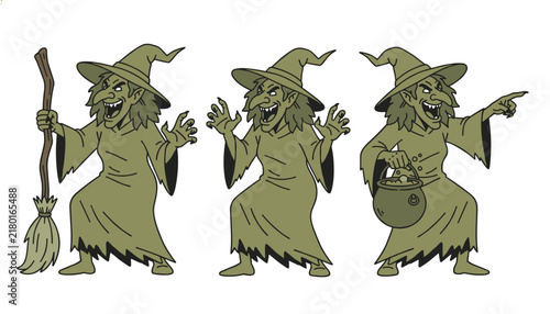 Three dynamic poses of a green skinned witch holding a broomstick and a cauldron show a mischievous expression in a classic cartoon art style.