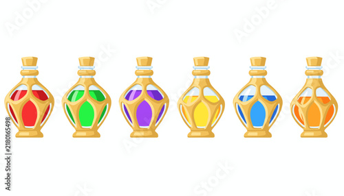 Six ornamental glass bottles contain vibrant liquids in different colors arranged in a row against a clean white background for magical alchemy.