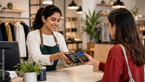 Obraz na plátně Customer making a contactless mobile payment at a boutique clothing store counte