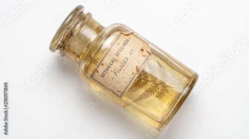 Vintage glass bottle containing botanical specimen preserved in liquid on white background