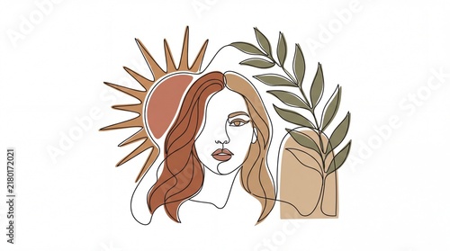 One line art woman face with sun and leaf abstract boho minimal continuous line drawing on white background