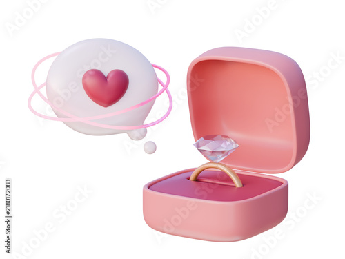 3D Engagement Diamond Ring Box Heart Speech Bubble Render