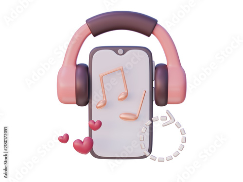 3D Romantic Music Smartphone Headphones Musical Notes Hearts Render