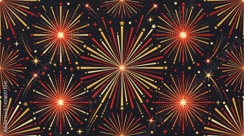Festive fireworks seamless pattern with glowing golden and red explosions on a dark background for celebration design events holidays party backdrop vector illustration wallpaper background