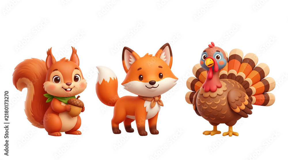 Fototapeta premium 3D Cute Autumn Animal Character Set Isolated on Transparent Background 