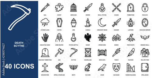 Set of forty death and cemetery themed featuring scythes, tombstones, grim reapers, coffins, skeletons, and dark symbols