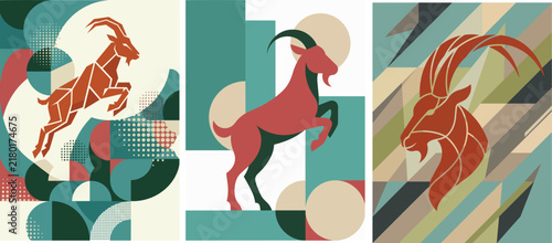 Stylized Geometric Art Celebrating the YEAR OF THE GOAT Zodiac Animal 2027 with Vibrant Colors and Modern Design Elements