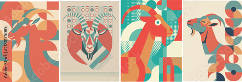 Set of Four Abstract Geometric Illustrations Featuring the Symbolic Year Goat Character in Modern Retro Color Palettes
