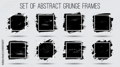 Set of abstract grunge frames with black ink brush strokes square vector illustrations