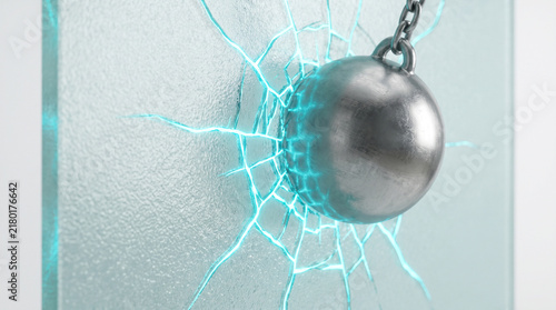 Corporate Resilience Concept Heavy Steel Ball Striking Self Healing Frosted Glass Pane