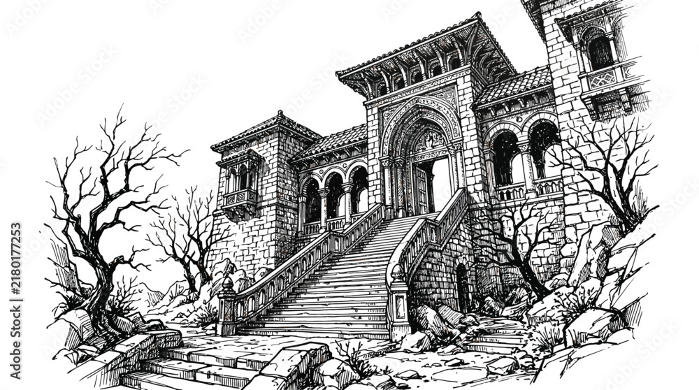 Obraz premium Gothic Castle Ink Drawing Architectural Sketch Illustration