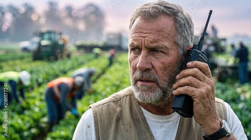 Experienced farm manager coordinating field operations using a two-way radio during vegetable harvest