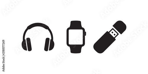 Minimalist technology icon set, black vector headphones smartwatch and usb flash drive, modern electronic gadget symbols for web design