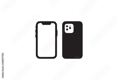 Minimalist smartphone vector icons, black mobile phone front and back view, modern cell phone silhouettes for UI design