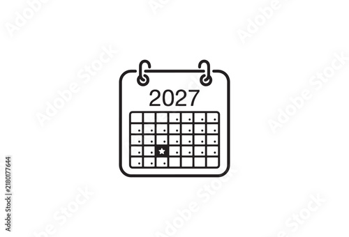 Minimalist 2027 calendar icon vector, black line art wall calendar with marked date, annual schedule and planning symbol