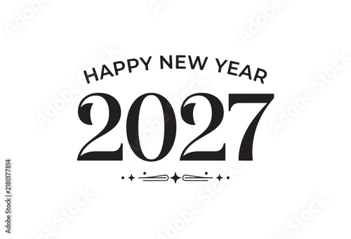 Happy New Year 2027 typography vector, elegant black holiday text on white background, minimalist 2027 calendar cover design