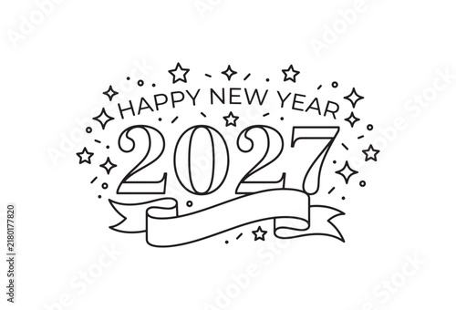 Happy New Year 2027 vector lettering, minimalist line art holiday celebration logo, festive 2027 typography with stars and ribbon banner