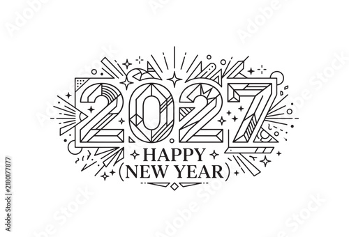 Geometric 2027 Happy New Year vector illustration. Art deco style 2027 typography with fireworks. Minimalist black line art holiday greeting.