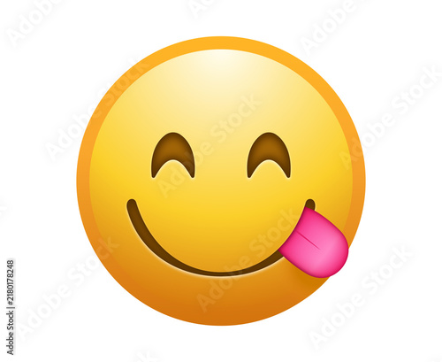 Yellow smiley emoji face licking lips with tongue sticking
